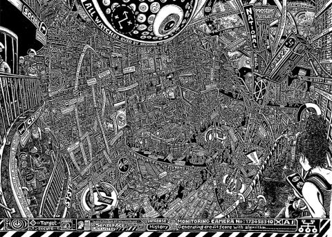 Digital Dictatorship India ink drawing by C.D McAllister sociopolitical politics cctv cameras infrastructure state control orwelian cartoon illustration