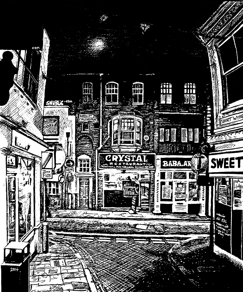 snublic drawing illustration artwork ink black and white topical political social satire satirical commission sketch pen cross hatch limited edition giclee prints available £60 townscape colchester scene urban queen street