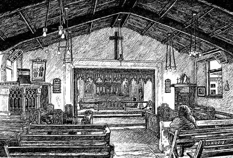 St Barnabas, Colchester Church, landscape urban scene gilberd scott, traditional, sketch, black and white, ink illustration snublic.com snublic drawing