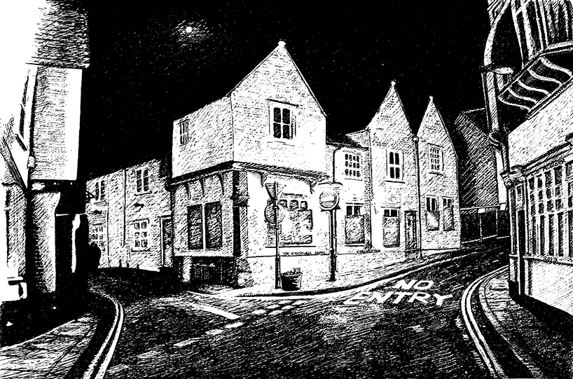 snublic drawing illustration artwork ink black and white topical political social satire satirical commission sketch pen cross hatch limited edition giclee prints available £60 townscape colchester scene urban stockwell arms