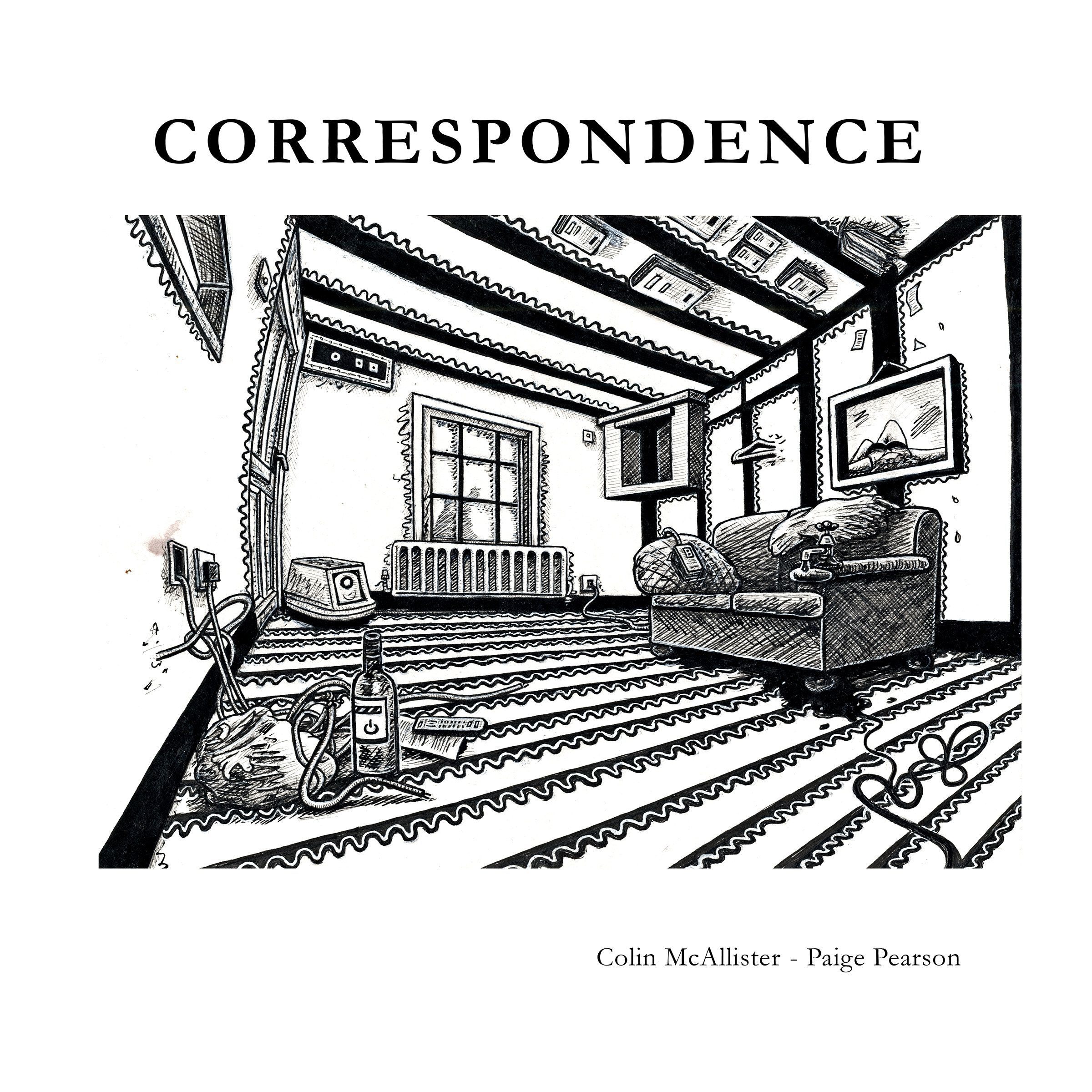 Cover of CORRESPONDENCE, an artist’s book by Colin McAllister and Paige Pearson, featuring a black-and-white drawing of an interior room.