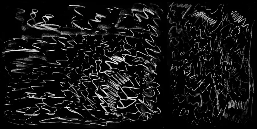 Kinetic drawing made while listening to Paige Pearson read her poetry, with white gestural marks across a black field.