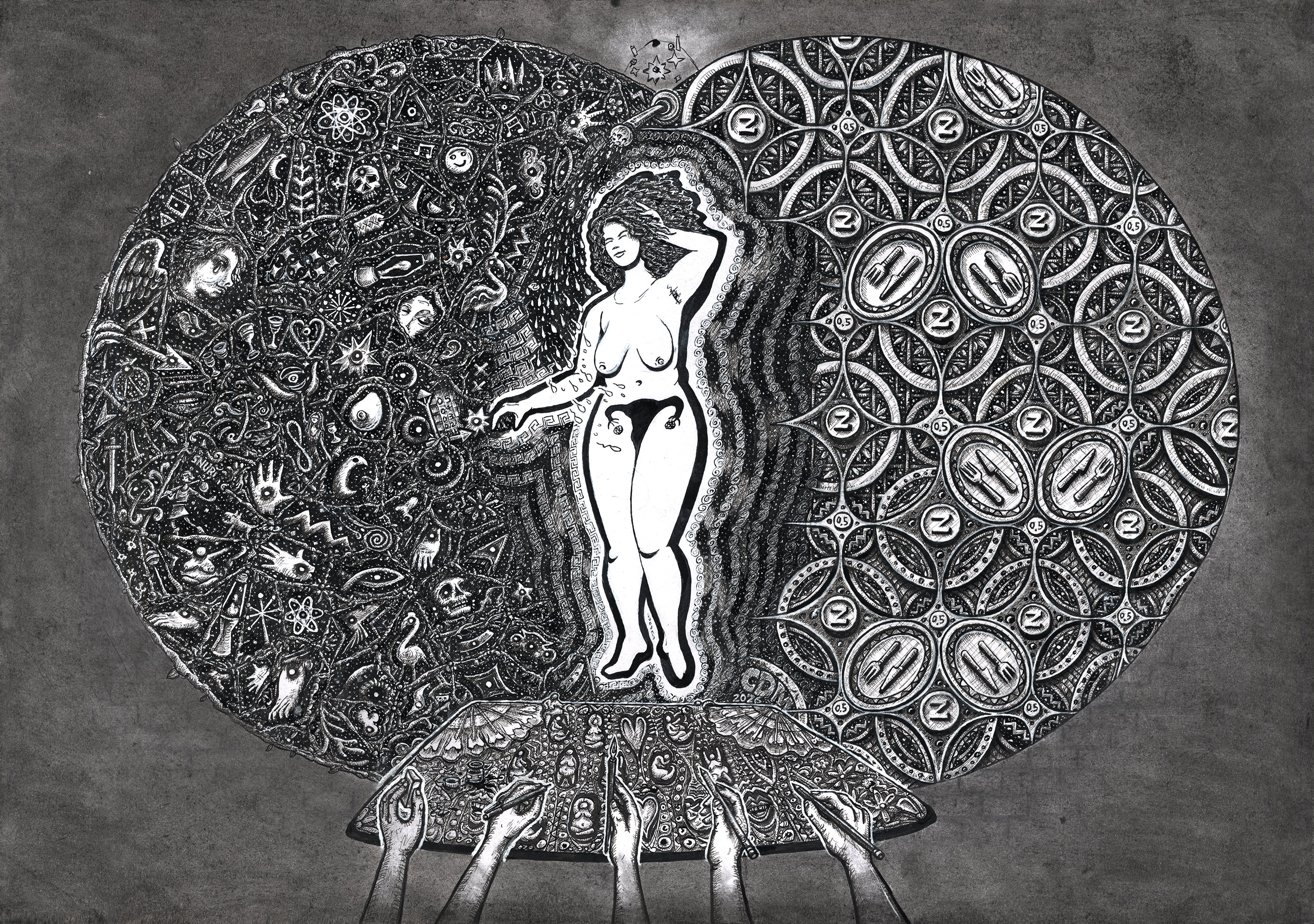 Horror Vacui, a dense black-and-white drawing with a central figure surrounded by intricately detailed circular forms.