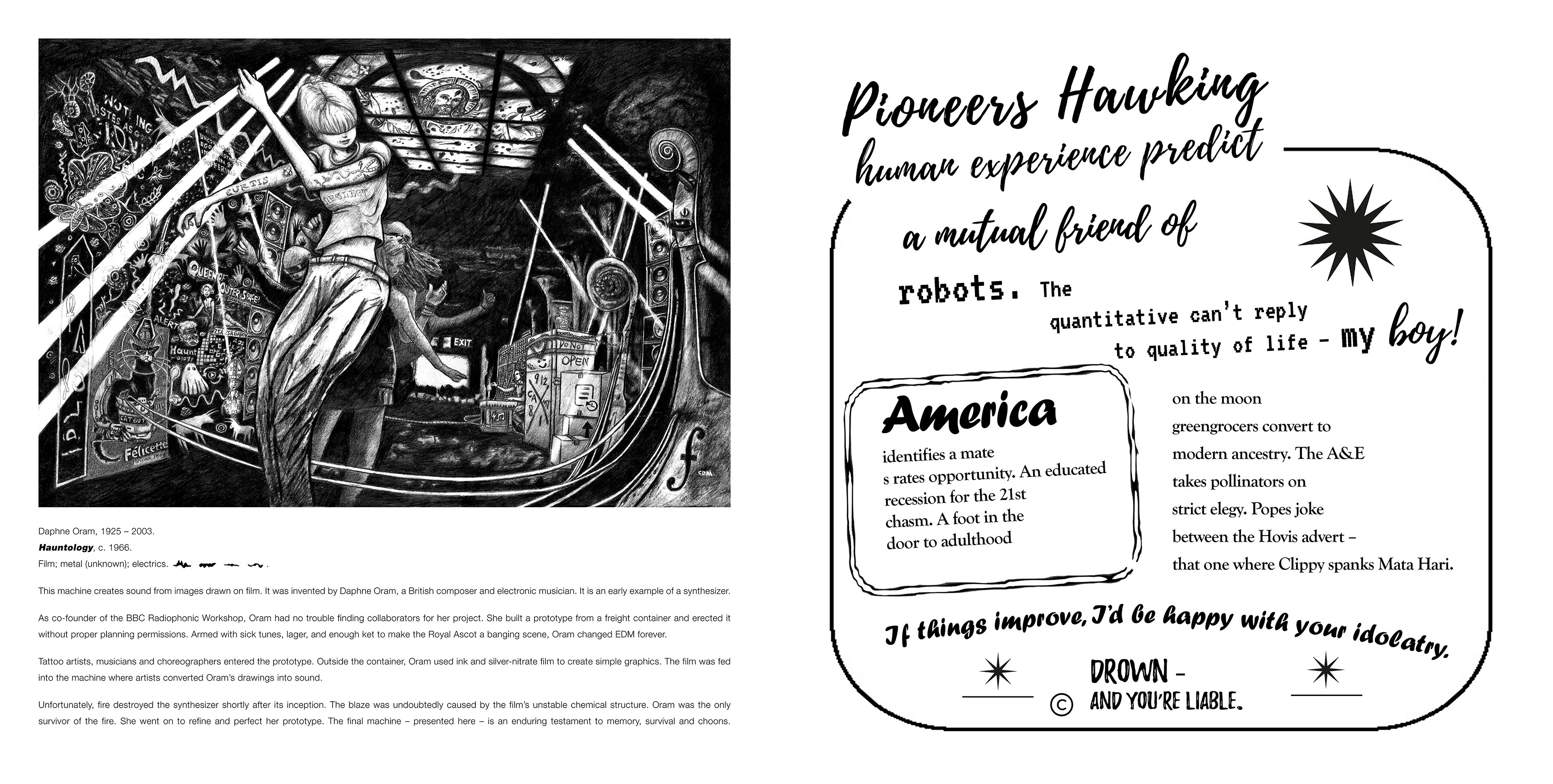 A spread from CORRESPONDENCE combining a detailed black-and-white drawing with a typographic found-poetry composition.
