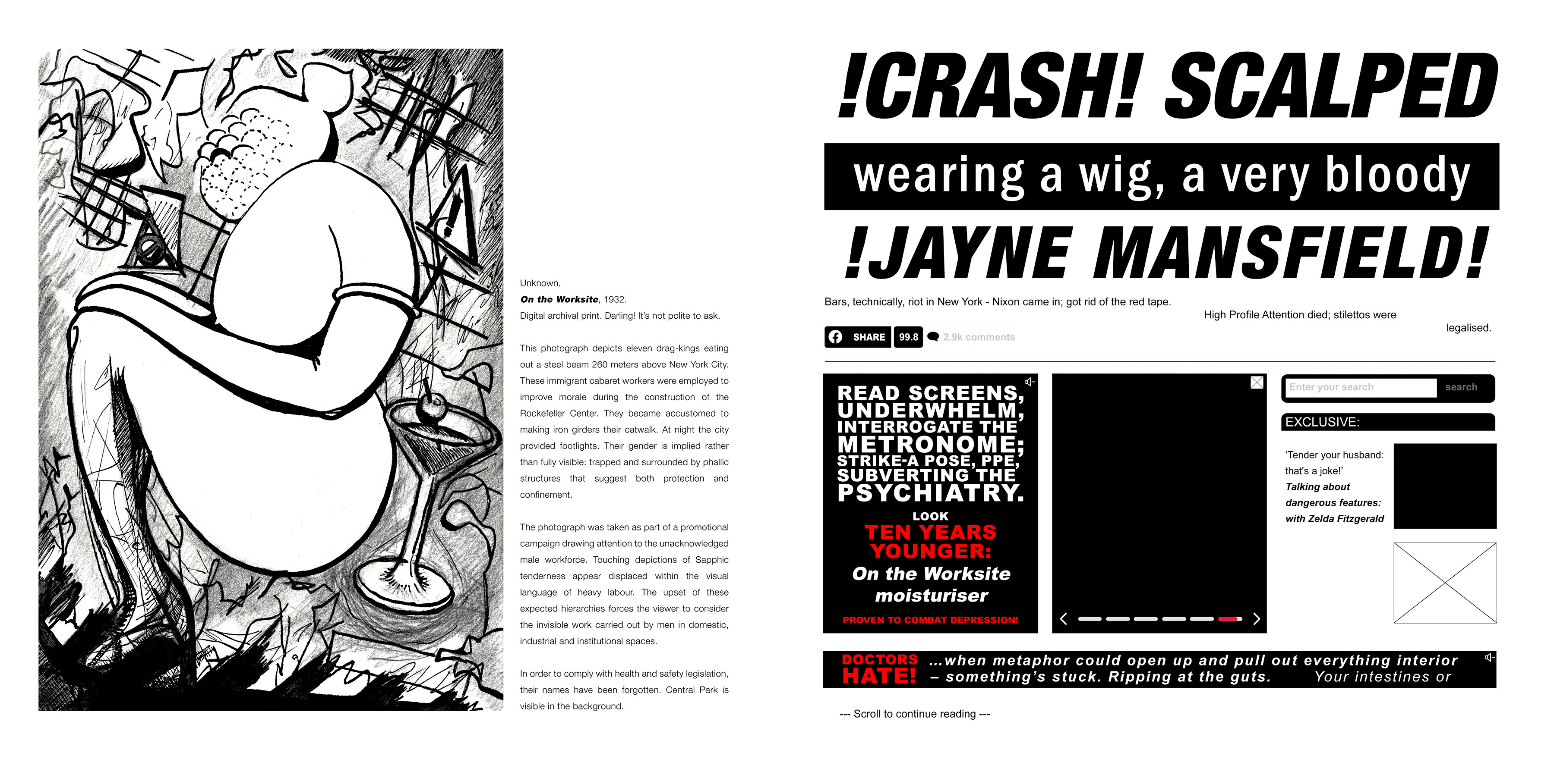 A spread from CORRESPONDENCE combining the drawing On the Worksite with a bold black-and-white editorial-style composition.