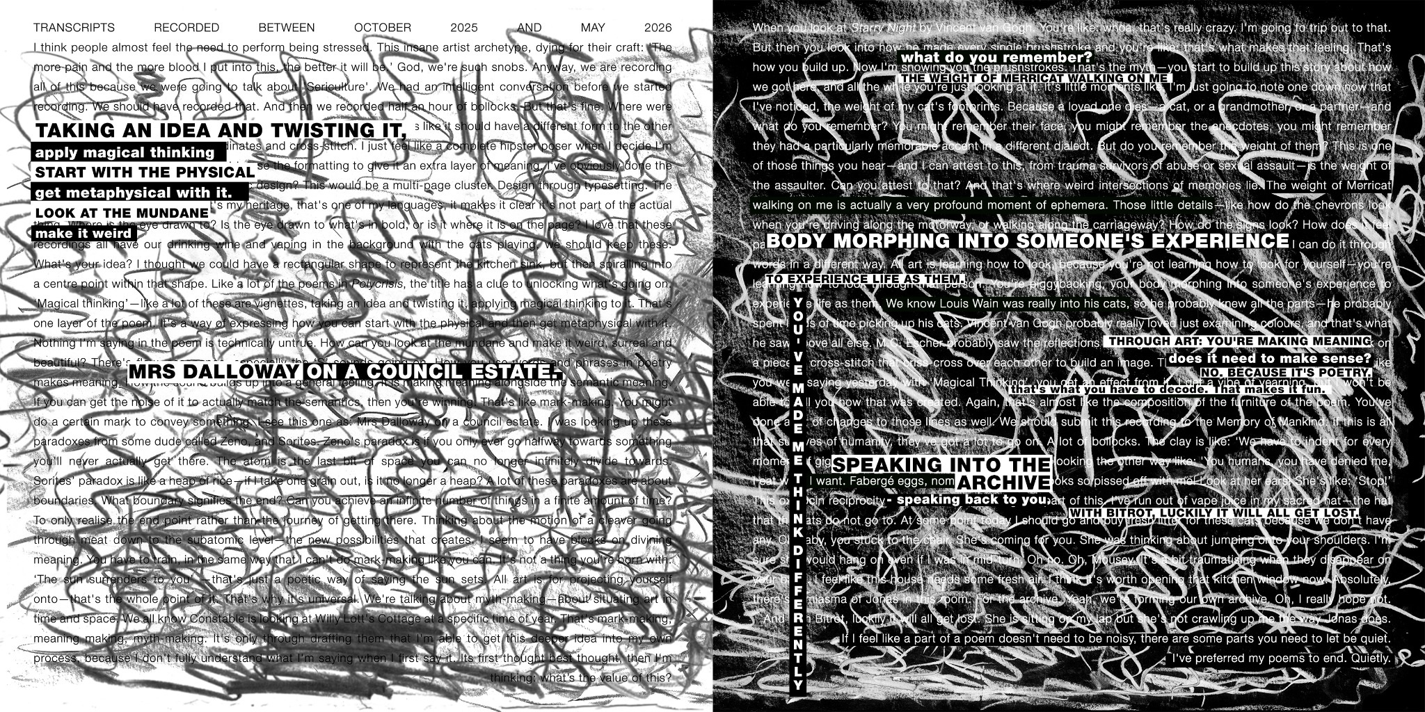 A spread from CORRESPONDENCE layering recorded conversation text with kinetic black-and-white drawing.