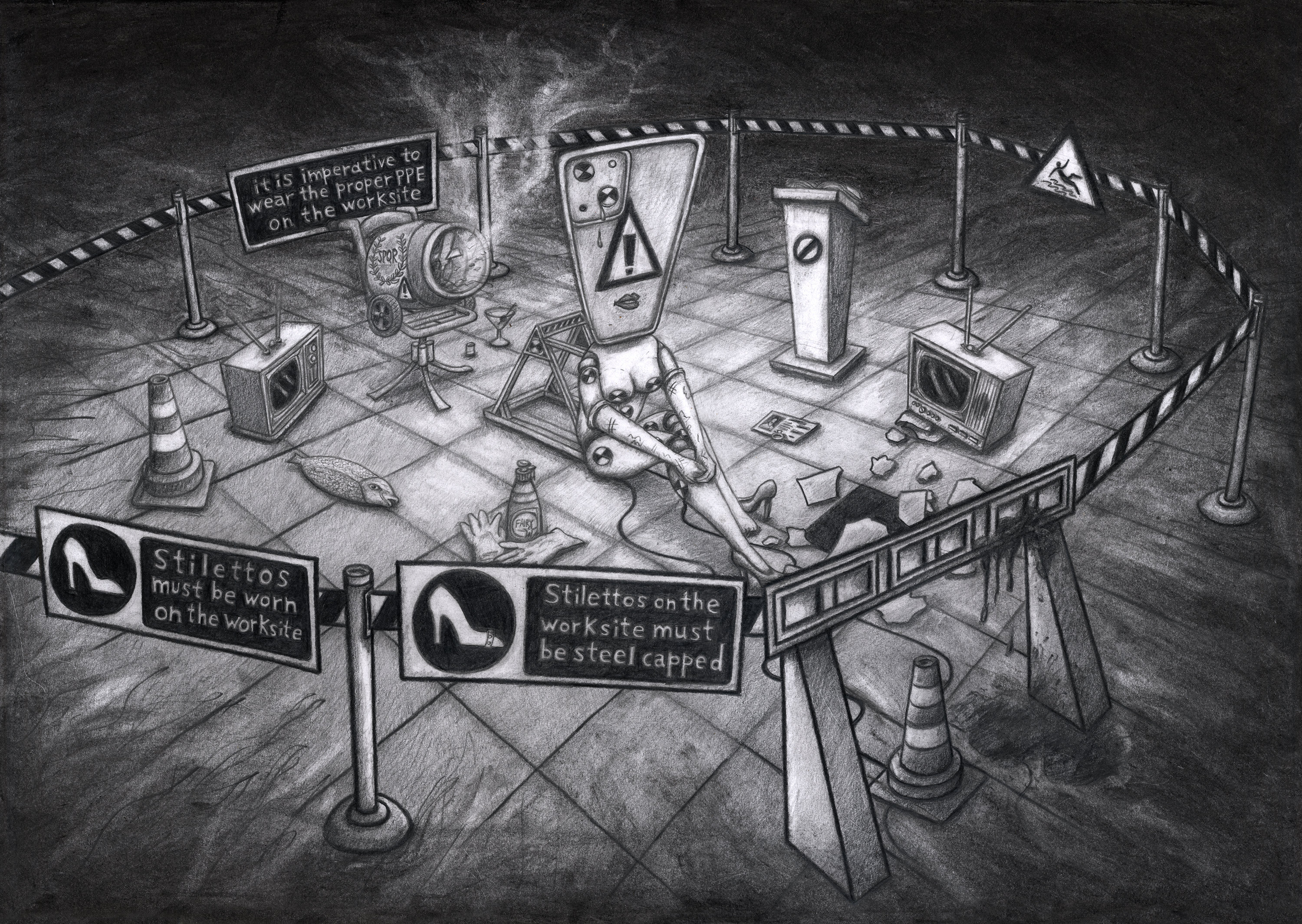 On the Worksite, a charcoal and pencil drawing of a surreal worksite enclosed by barriers and signs.