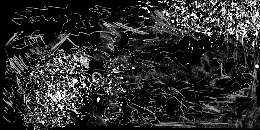 Kinetic drawing with layered white marks and splashes across a black field.