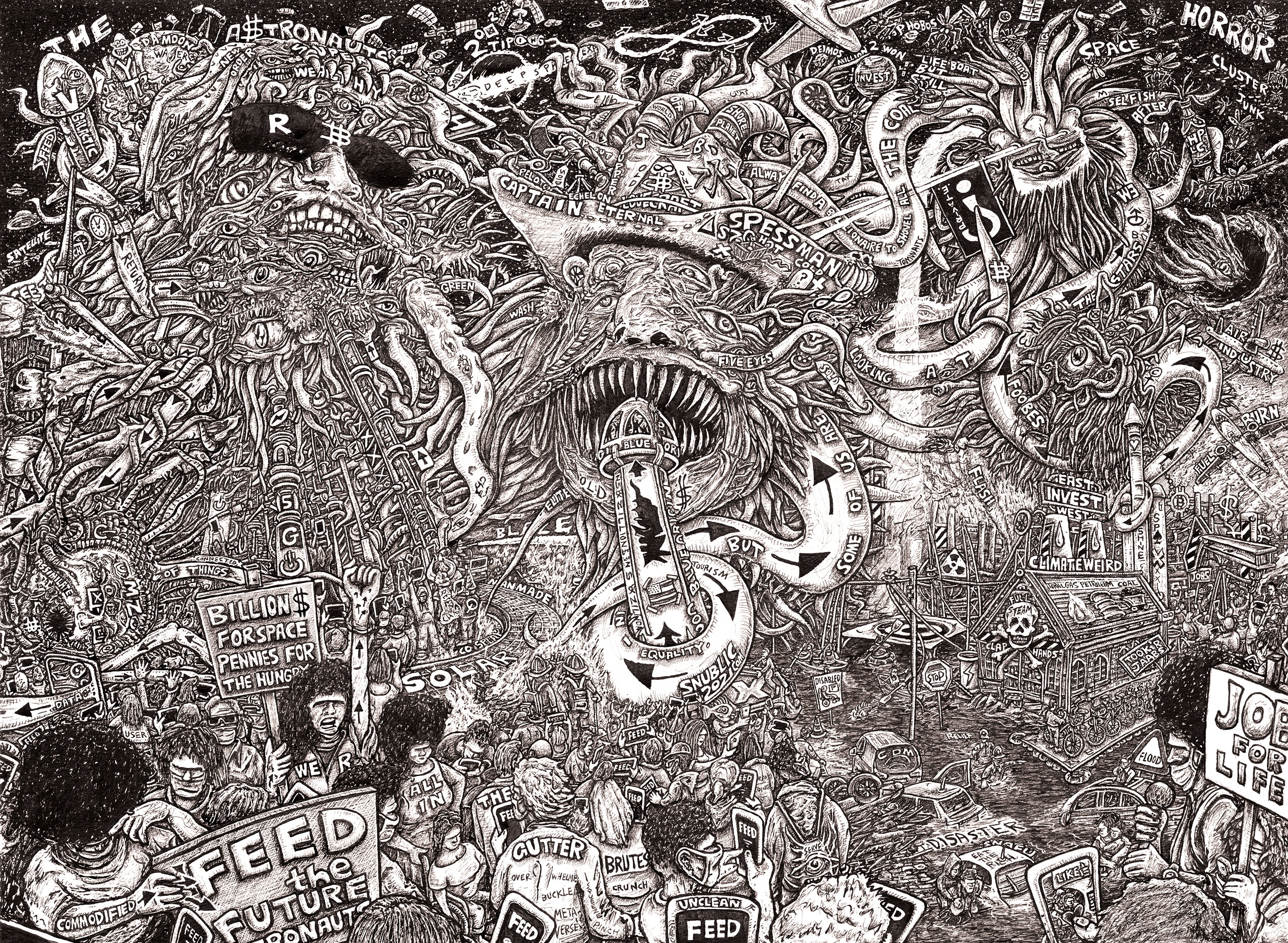 Astronauts, a densely detailed black-and-white SNUBLiC drawing filled with figures, symbols and hand-drawn text.