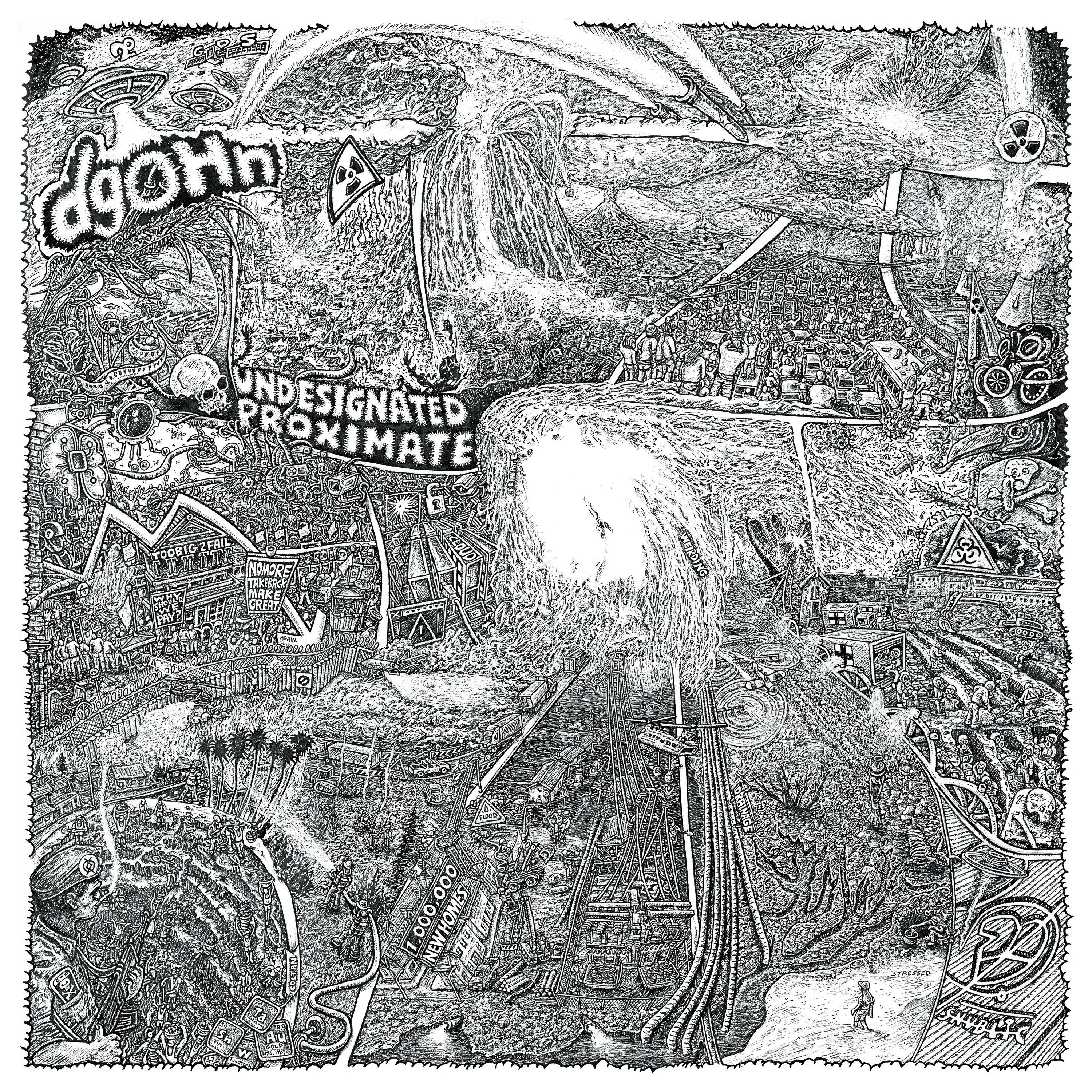 Undesignated Proximate, a dense square black-and-white SNUBLiC drawing of an imagined landscape built from intricate marks, structures and text.