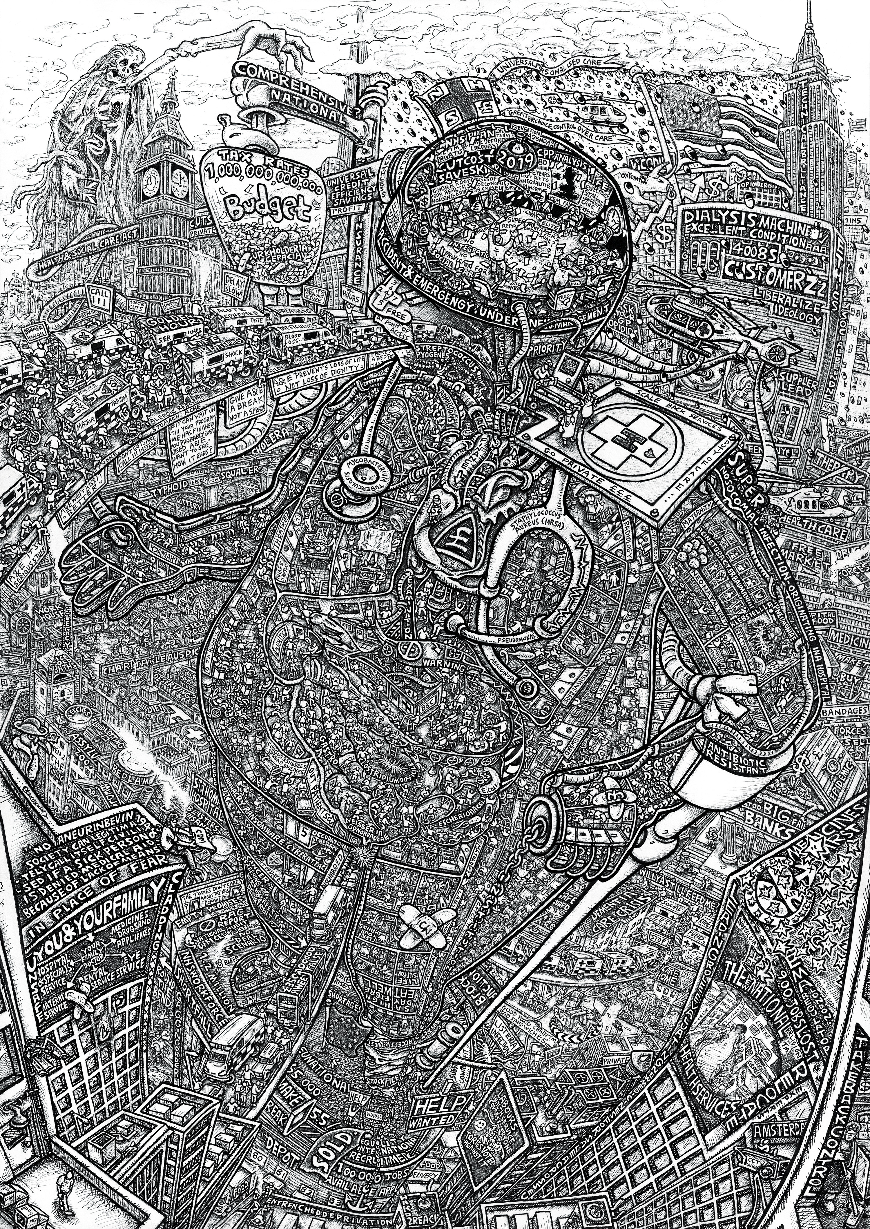NHS, a vertically oriented black-and-white SNUBLiC drawing depicting a densely layered figure and institutional landscape.