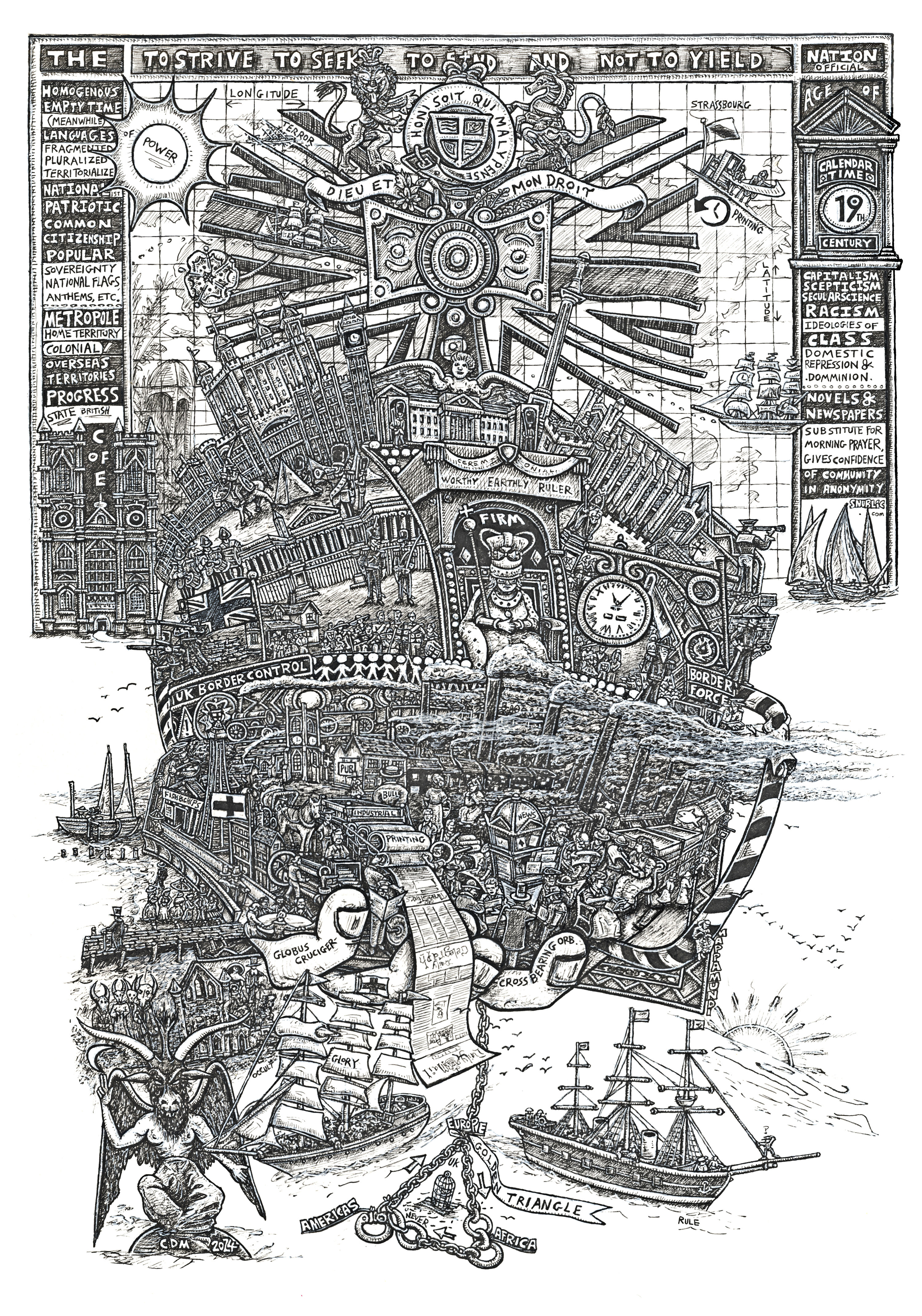 Official Nationalism, a vertically oriented black-and-white SNUBLiC drawing combining architecture, symbols and hand-drawn text.