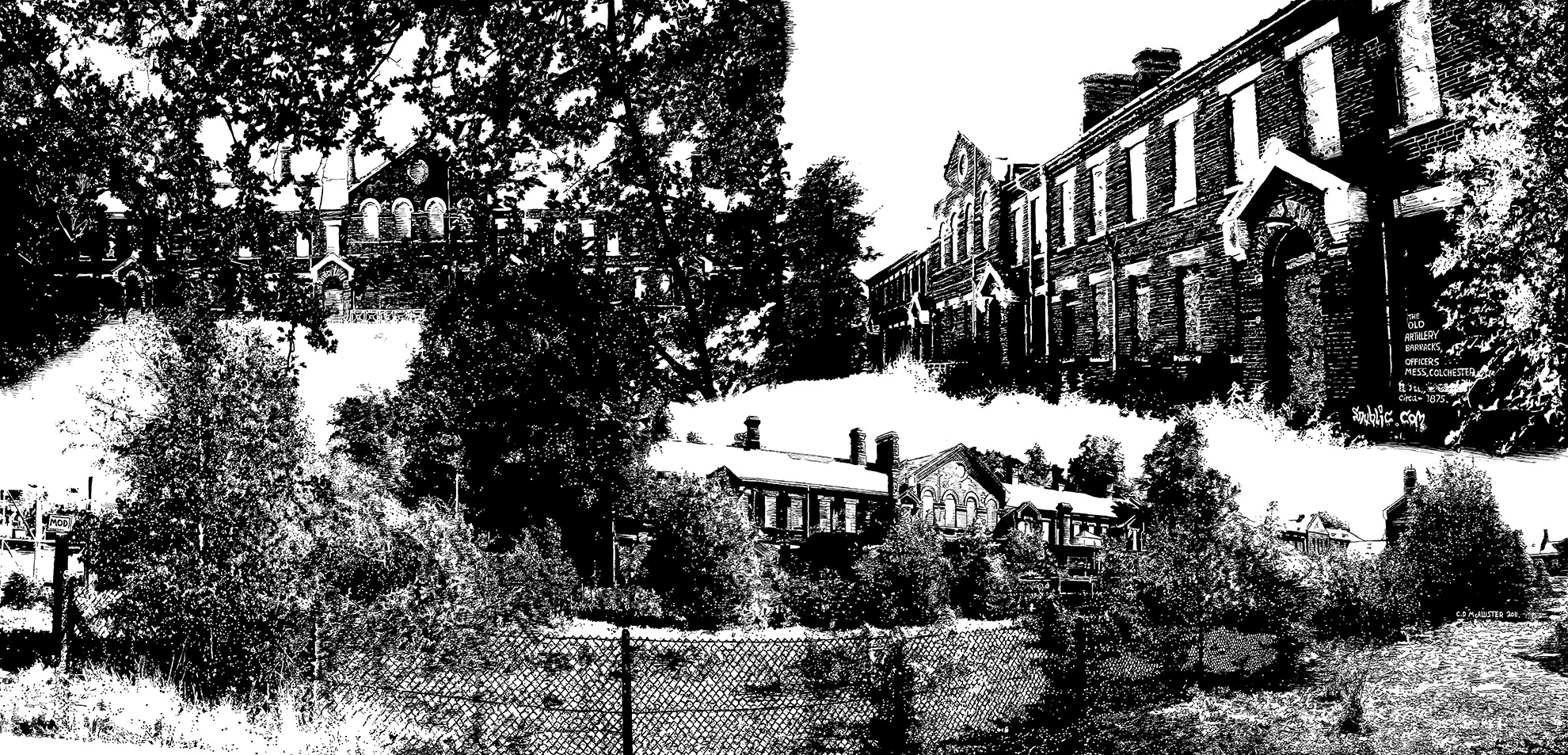Redundant Scenes of Colchester: Ancient Barracks, a black-and-white composite drawing of the former military barracks and surrounding landscape in Colchester.