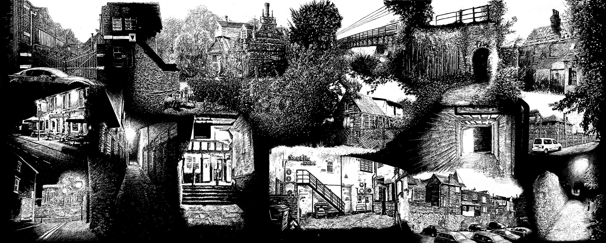 Redundant Scenes of Colchester: Backstreets, a black-and-white composite drawing bringing together alleys, buildings, bridges and overlooked urban spaces in Colchester.