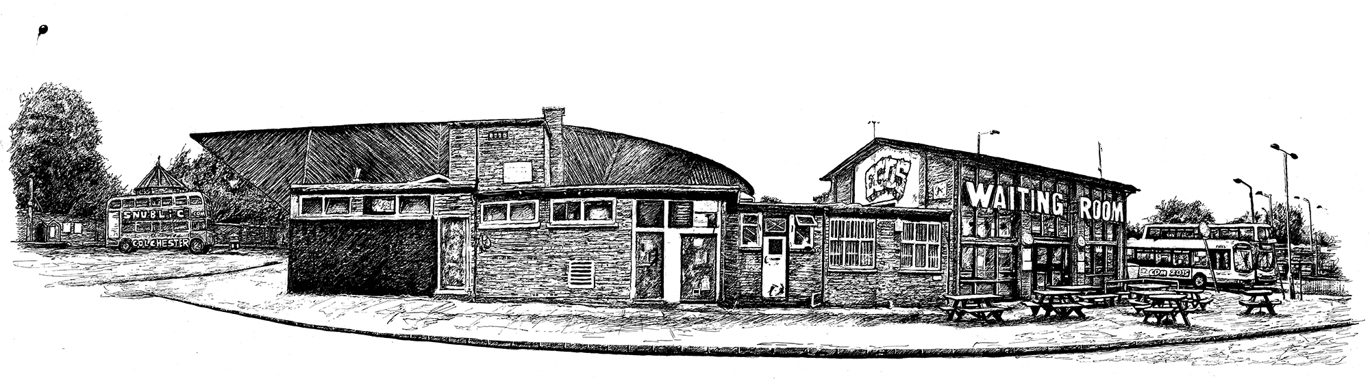 Redundant Scenes of Colchester: Waiting Room, 2015, a panoramic black-and-white drawing of a bus station waiting room and surrounding buildings in Colchester.